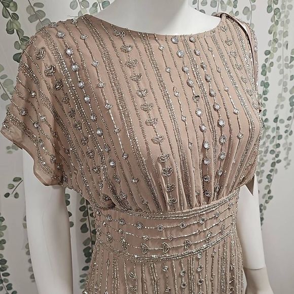 Mac Duggal Beaded Chiffon Short Sleeve Boat Neck Sheath Midi Dress Sz 6 - Picture 4 of 12